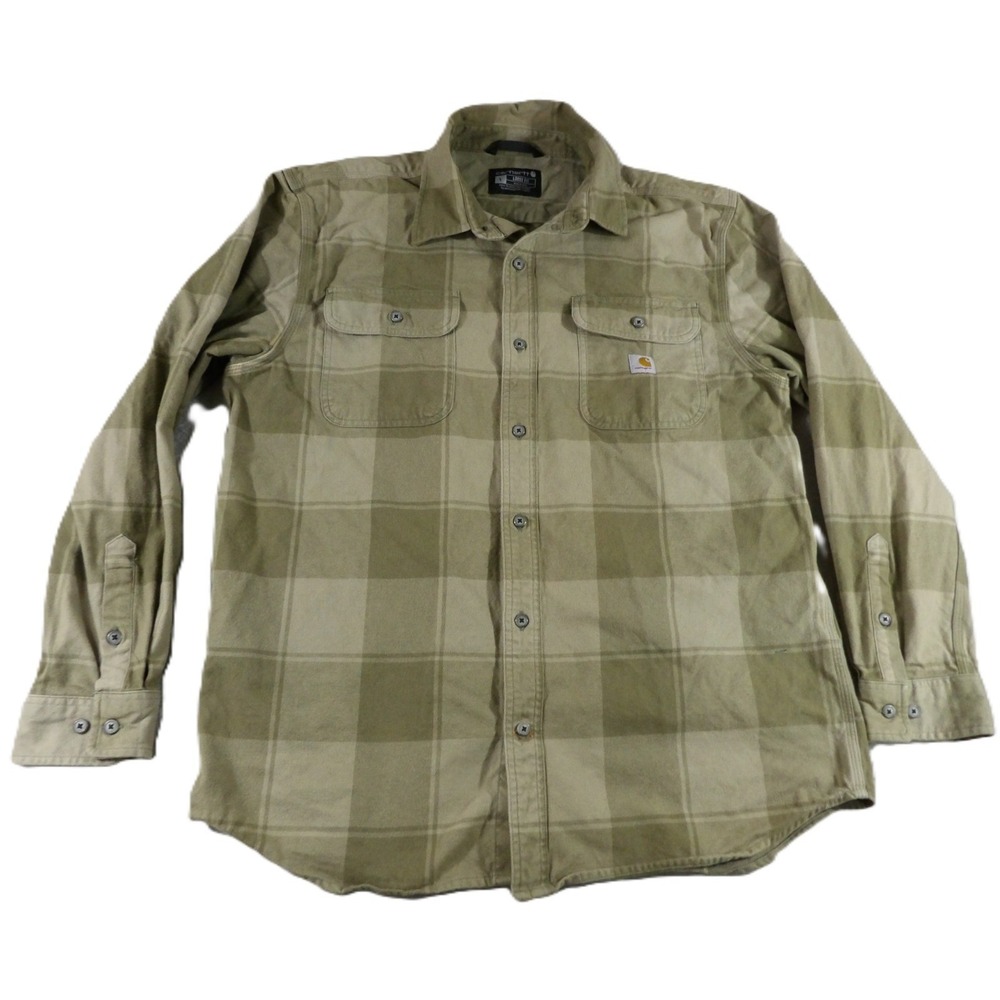 Carhartt Fort Midweight Chambray Plaid Flannel Shirt Long Sleeve Men L Green GUC